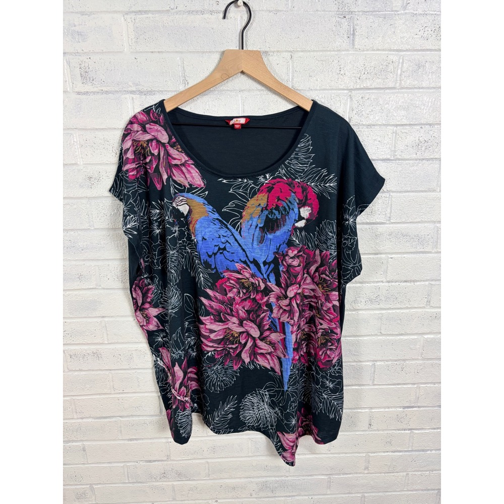 Joe Browns Graphic Tee Womens 22 Black Tropical Parrot Floral Scoop Neck Top
